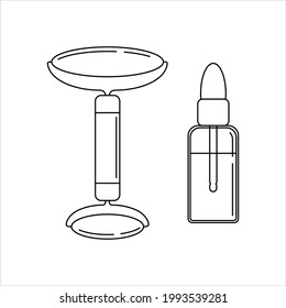 Roller hand massager for the face and a bottle of oil. Icons. Self-care, massage. Natural beauty treatments. Drawing a line.