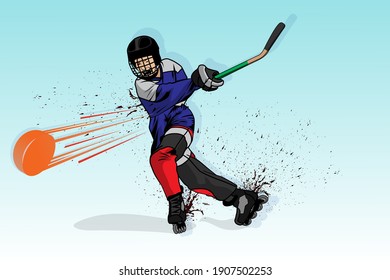 Roller hockey player wearing a helmet with a hockey stick on roller skates vector illustration