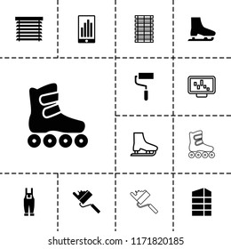 Roller icon. collection of 13 roller filled and outline icons such as gardener jumpsuit, window shutter, ice skate, graph on display. editable roller icons for web and mobile.