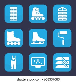 Roller icon. set of 9 filled roller icons such as shutter blinds, roller, gardener jumpsuit, blinds, ice skate, jalousie