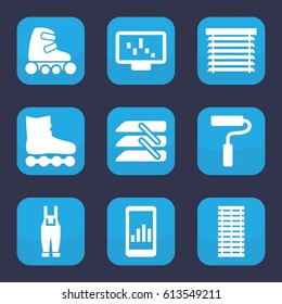 Roller icon. set of 9 filled roller icons such as gardener jumpsuit, blinds, paint roller, window shutter, jalousie