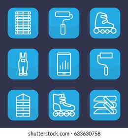 Roller icon. set of 9 outline roller icons such as shutter blinds, roller, gardener jumpsuit, blinds, jalousie