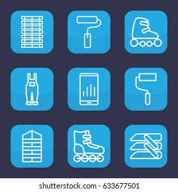 Roller icon. set of 9 outline roller icons such as shutter blinds, roller, gardener jumpsuit, blinds, jalousie