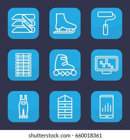 Roller icon. set of 9 outline roller icons such as shutter blinds, gardener jumpsuit, blinds, paint roller, jalousie, skate rollers, ice skate