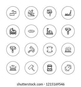 Roller icon set. collection of 16 outline roller icons with bumper car, construction, interior design, paint, paint roll, skate, skateboard, stand icons.