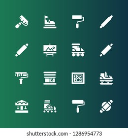 roller icon set. Collection of 16 filled roller icons included Roller, Paint skate, Carousel, Ice skate, Painting, Blinds, Rolling pin, Bumper car
