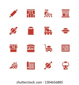 roller icon set. Collection of 16 filled roller icons included Paint bucket, Rolling pin, Display, Backhoe, Painting, Lawn mower, Fairground, Roller, Blinds, skate, Curtains