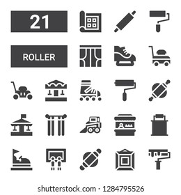 roller icon set. Collection of 21 filled roller icons included Paint roller, Painting, Roller, Bumper car, Paint bucket, Fairground, Backhoe, Curtains, Carousel, Rolling pin, skate