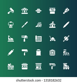 roller icon set. Collection of 25 filled roller icons included Roller, Paint Blinds, Fairground, Ice skate, skate, Painting, Paint bucket, Rolling pin, Lawn mower