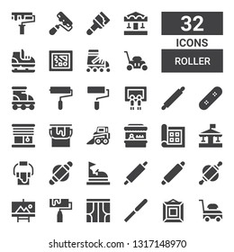 roller icon set. Collection of 32 filled roller icons included Lawn mower, Painting, Pallete knife, Curtains, Roller, Rolling pin, Bumper car, Paint bucket, Carousel, Display