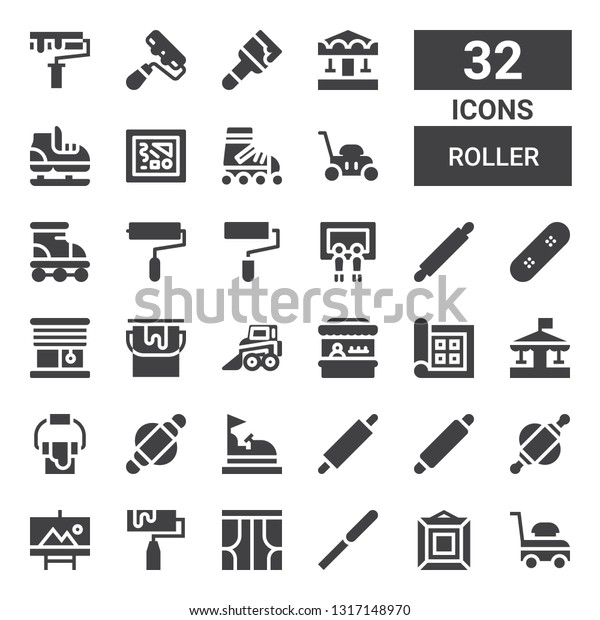 roller icon set.\
Collection of 32 filled roller icons included Lawn mower, Painting,\
Pallete knife, Curtains, Roller, Rolling pin, Bumper car, Paint\
bucket, Carousel,\
Display