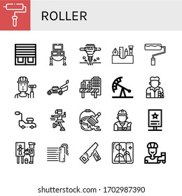 roller icon set. Collection of Roller, Blinds, Exhibition, Jackhammer, Painting tools, Paint roller, Builder, Lawn mower, Construction site, Pendulum ride, Painter, Ice skate icons