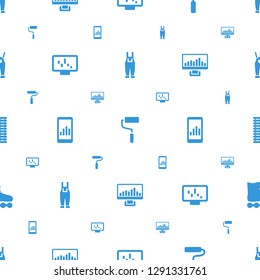 roller icons pattern seamless white background. Included editable filled gardener jumpsuit, paint roller, graph on display, jalousie, roller skate icons. icons for web and mobile.