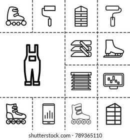 Roller icons. set of 13 editable outline roller icons such as shutter blinds, roller, graph on display, gardener jumpsuit, blinds, window shutter