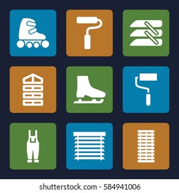 roller icons set. Set of 9 roller filled icons such as shutter blinds, roller, gardener jumpsuit, blinds, window shutter, ice skate