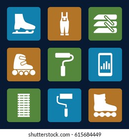Roller icons set. set of 9 roller filled icons such as roller, gardener jumpsuit, blinds, ice skate, jalousie