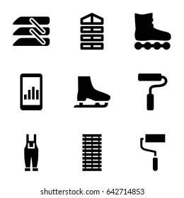 Roller icons set. set of 9 roller filled icons such as shutter blinds, gardener jumpsuit, blinds, ice skate, jalousie