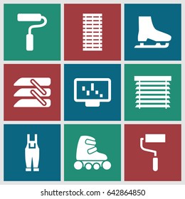 Roller icons set. set of 9 roller filled icons such as roller, gardener jumpsuit, blinds, window shutter, ice skate, jalousie