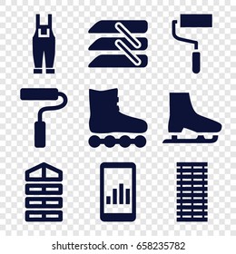Roller icons set. set of 9 roller filled icons such as shutter blinds, gardener jumpsuit, blinds, ice skate, jalousie