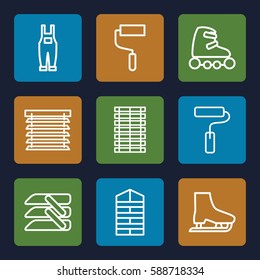 roller icons set. Set of 9 roller outline icons such as blinds, roller, gardener jumpsuit, window shutter