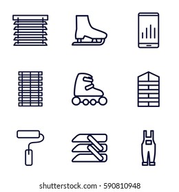roller icons set. Set of 9 roller outline icons such as shutter blinds, gardener jumpsuit, blinds, paint roller, window shutter, jalousie, skate rollers, ice skate