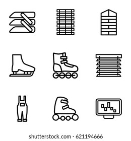 Roller icons set. set of 9 roller outline icons such as shutter blinds, gardener jumpsuit, blinds, window shutter, jalousie, skate rollers, ice skate, graph on display