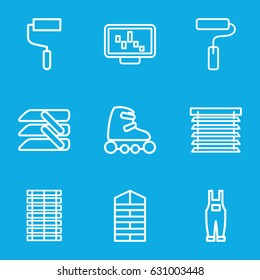 Roller icons set. set of 9 roller outline icons such as shutter blinds, roller, gardener jumpsuit, blinds, window shutter, jalousie