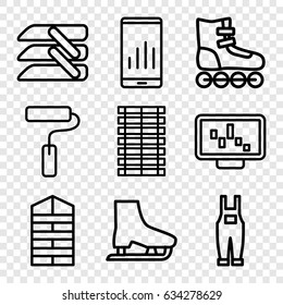 Roller icons set. set of 9 roller outline icons such as shutter blinds, gardener jumpsuit, blinds, jalousie, ice skate