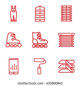 Roller icons set. set of 9 roller outline icons such as shutter blinds, gardener jumpsuit, blinds, paint roller, window shutter, jalousie