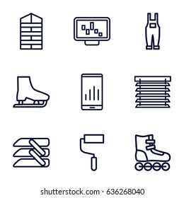 Roller icons set. set of 9 roller outline icons such as shutter blinds, gardener jumpsuit, blinds, window shutter, ice skate