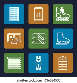 Roller icons set. set of 9 roller outline icons such as shutter blinds, gardener jumpsuit, blinds, window shutter, jalousie, ice skate, graph on display