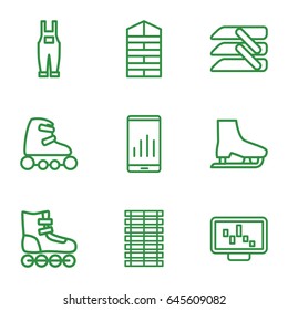 Roller icons set. set of 9 roller outline icons such as shutter blinds, gardener jumpsuit, blinds, jalousie, skate rollers, ice skate, graph on display