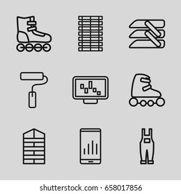 Roller icons set. set of 9 roller outline icons such as shutter blinds, gardener jumpsuit, blinds, paint roller, jalousie