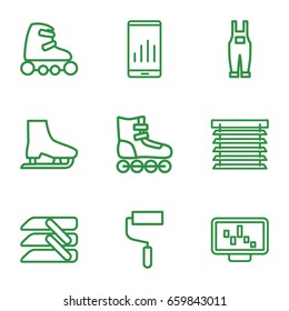 Roller icons set. set of 9 roller outline icons such as roller, gardener jumpsuit, blinds, window shutter, ice skate