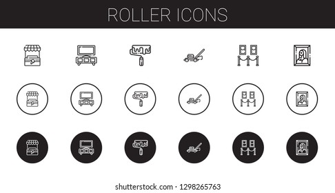 roller icons set. Collection of roller with stand, lawnmower, painting. Editable and scalable roller icons.