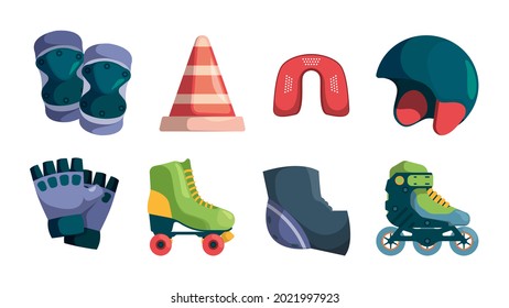 Roller items. Accessories for urban skate park retro rollers of 80s gloves helmet healthy activities tools garish vector cartoon illustrations