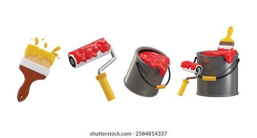 Roller paint brush icon with paint bucket 3d render concept of painting icon for construction, repair, renovation vector illustration set