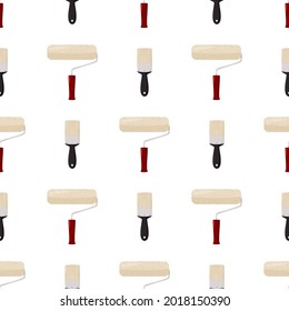 Roller paint and brush isolated background. Simple hand tool for repair vector seamless pattern.