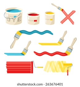 Roller and paint buckets and color brushes decorative icons set isolated vector illustration