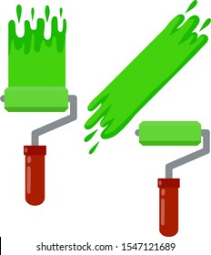 Roller for paint. Green tool with trace. element of decorator's work. Repair and art. Cartoon flat illustration.