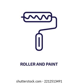 icono de rodillo y pintura de la colección de construcción. Roller lineal delgado y pintura, pintura, icono de contorno de rodillos aislado en fondo blanco. Roller vectorial de línea y signo de pintura, símbolo para web y móvil