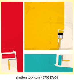 Roller paint stripes and roller brush on a textured background in red, yellow and green