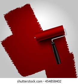 Roller painted dark red on white background. Vector illustration