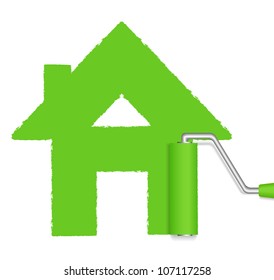 Roller painting green house, vector eps10 illustration