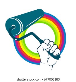 Roller for painting in his hand and colored paint illustration