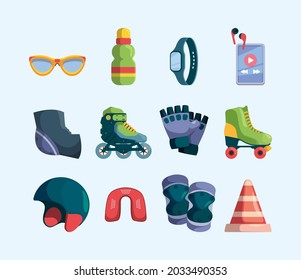 Roller park. Skateboard rollers gloves helmet action activities for urban teenagers garish vector flat pictures set