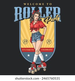 Roller party colorful vintage flyer with woman in summer clothes roller skating and doing outdoor activities vector illustration