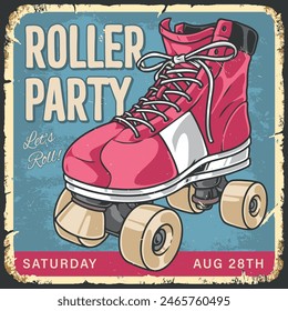 Roller party colorful vintage poster with sneakers on wheels for joint walks in park and active lifestyle vector illustration