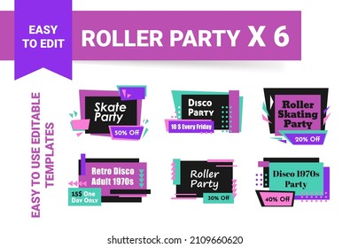 Oferta de Roller party, conjunto de diseño de símbolos de plantilla. emblema del partido de patinaje retro, aislado en la colección de iconos de signo blanco. Elemento de invención de partido disco, ilustración de vector modificable