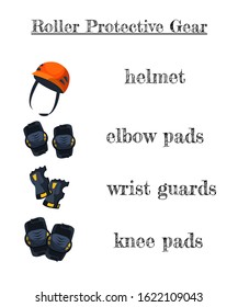 Roller Protection Flat Vector Illustration. Roller Skating And Derby Protective Equipment Isolated On White Background. Helmet, Knee And Elbow Pads. Collection Of Sport Safety Accessories